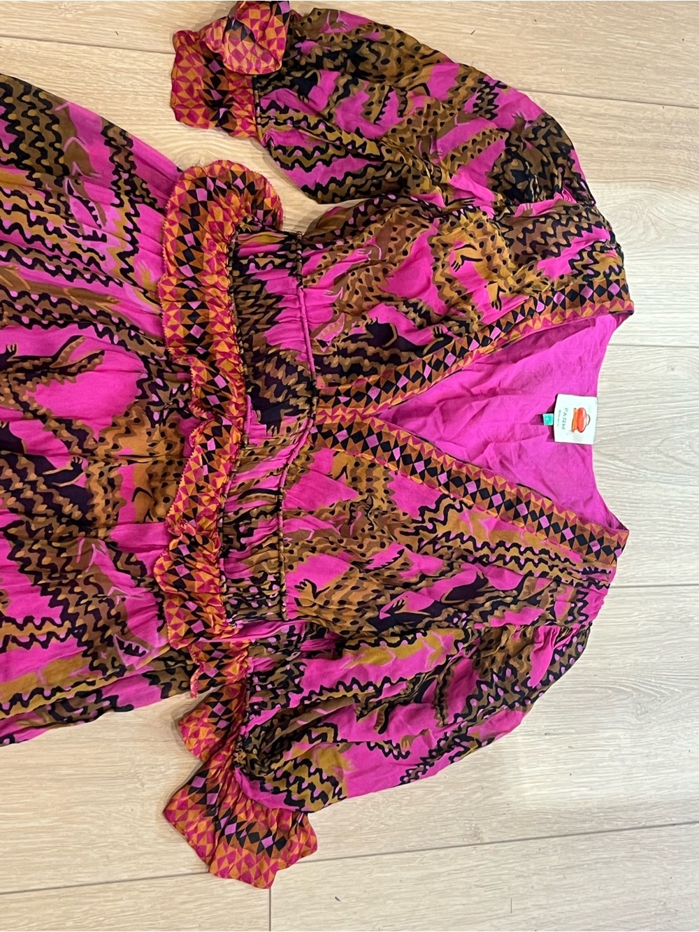 FARM Rio Fuchsia Pink and Brown Abstract Print V-Neck Dress Maxi L Large Chiffon - Picture 2 of 8